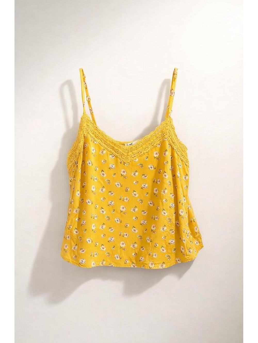 Hollister Yellow Floral Lace Trim Spaghetti Strap Cami Top XS